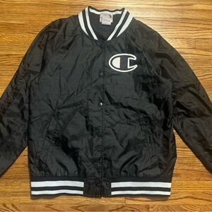 Vintage 90s Champion Satin Varsity Bomber Black Jacket Spellout Mens Medium
